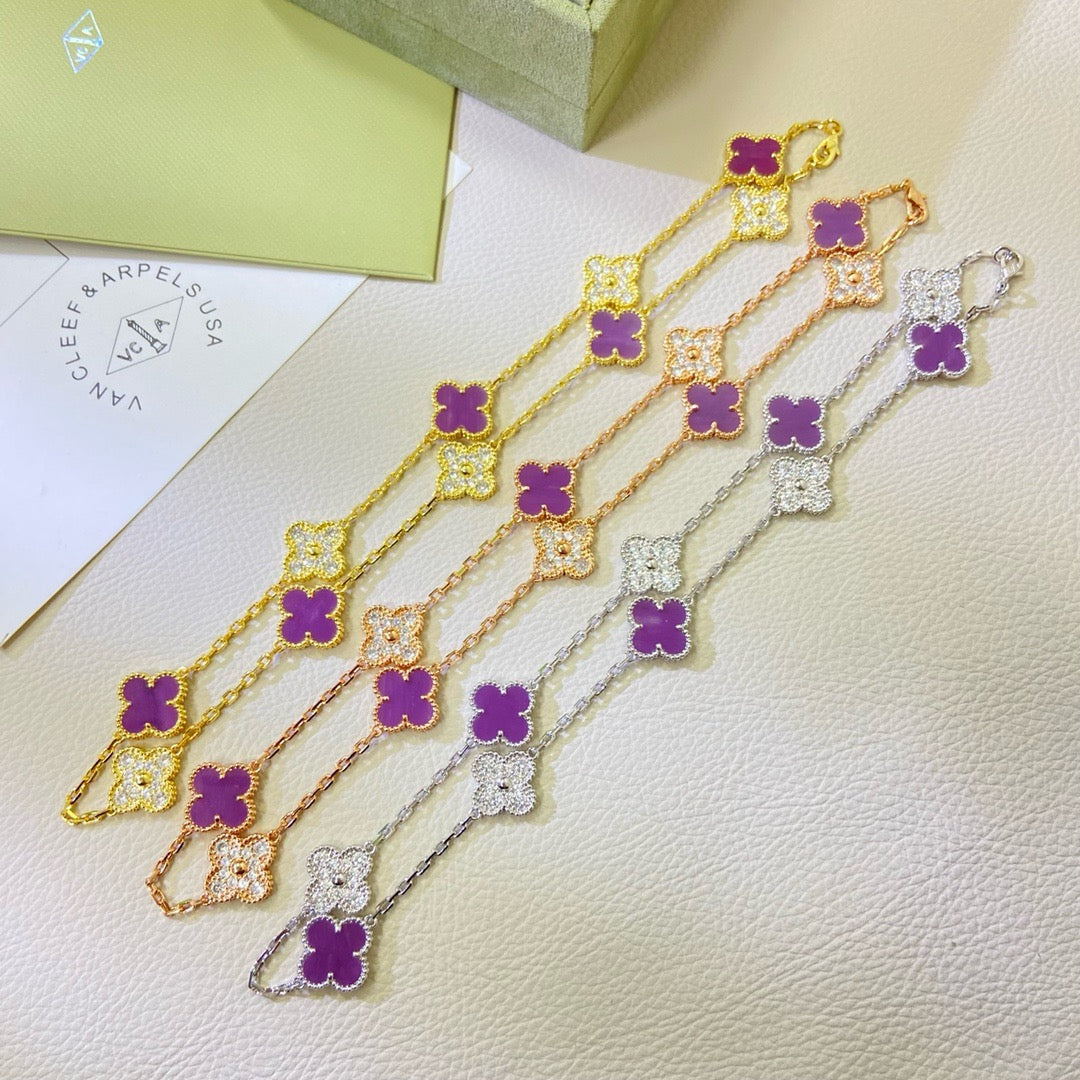 CLOVER 10 MOTIFS PURPLE VIOLET DIAMOND NECKLACE