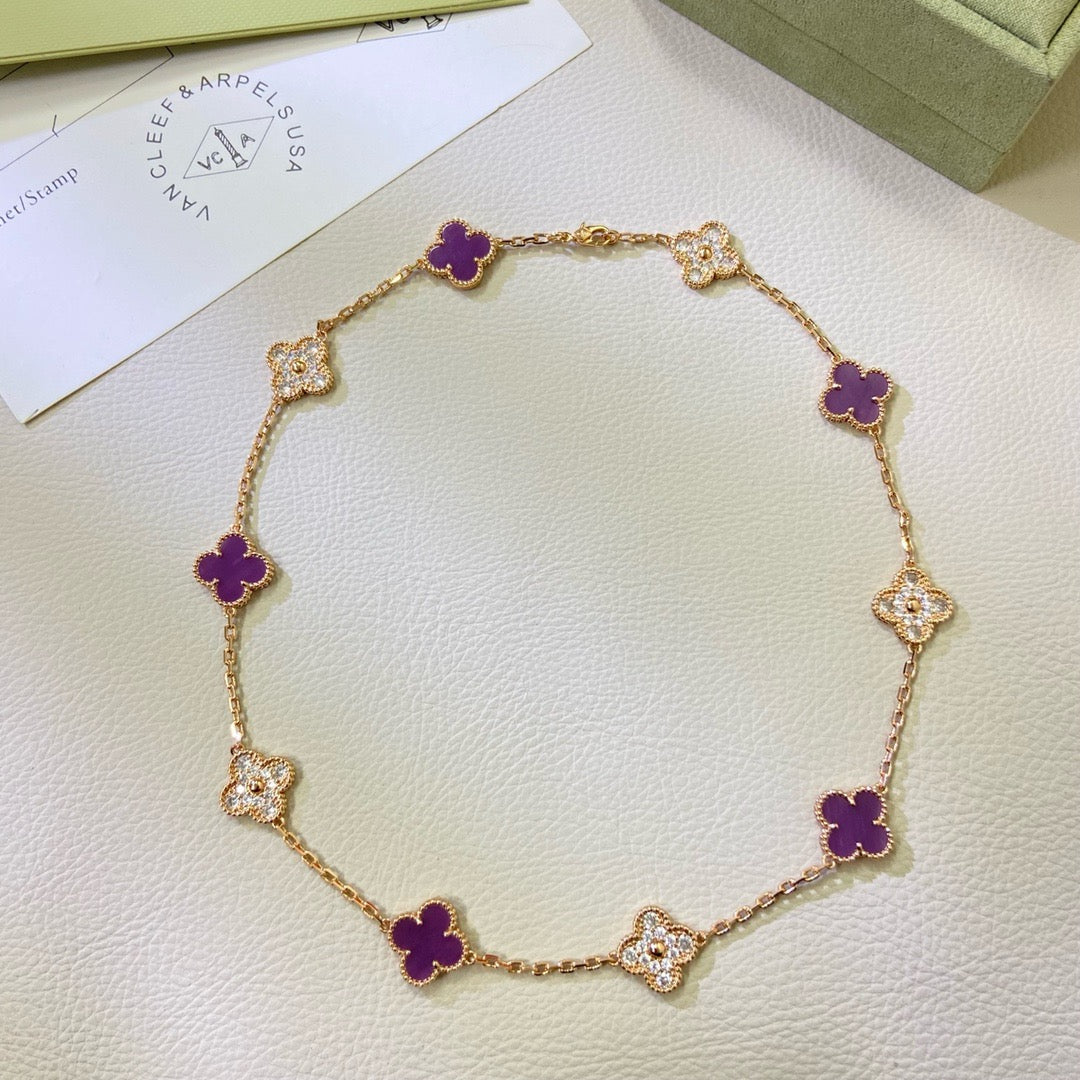CLOVER 10 MOTIFS PURPLE VIOLET DIAMOND NECKLACE