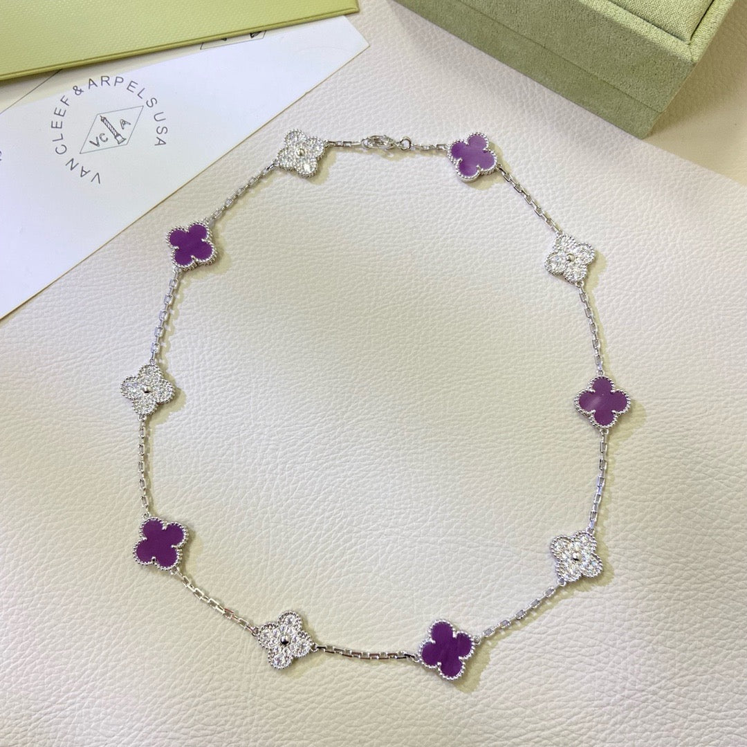 CLOVER 10 MOTIFS PURPLE VIOLET DIAMOND NECKLACE