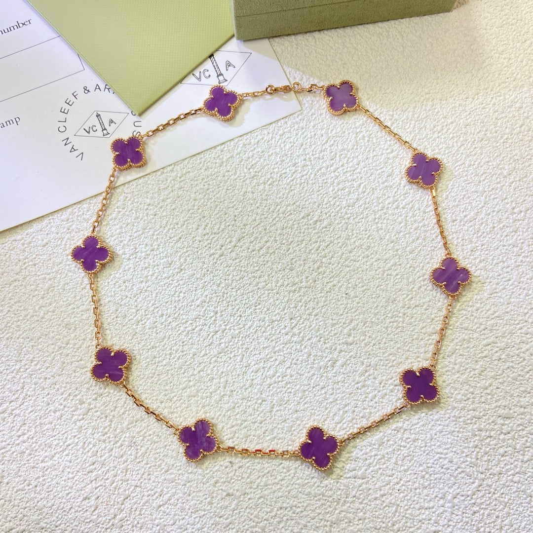 CLOVER 10 MOTIFS PURPLE VIOLET NECKLACE