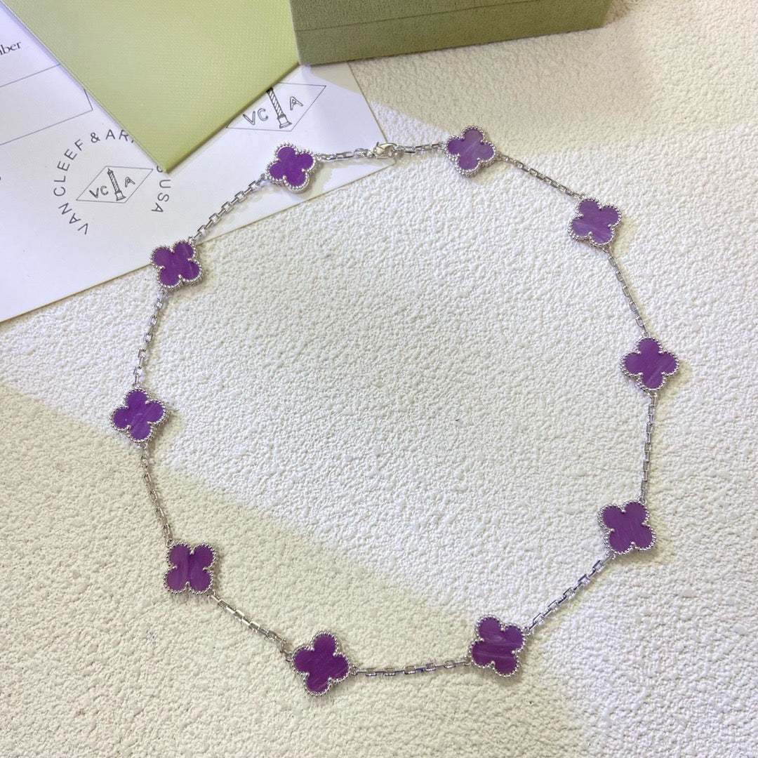 CLOVER 10 MOTIFS PURPLE VIOLET NECKLACE