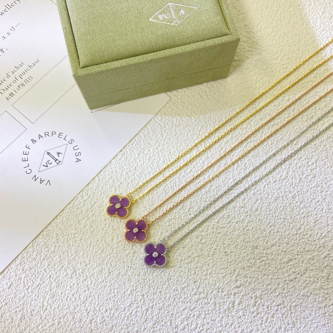 CLOVER 15MM DIAMOND PURPLE VIOLET NECKLACE