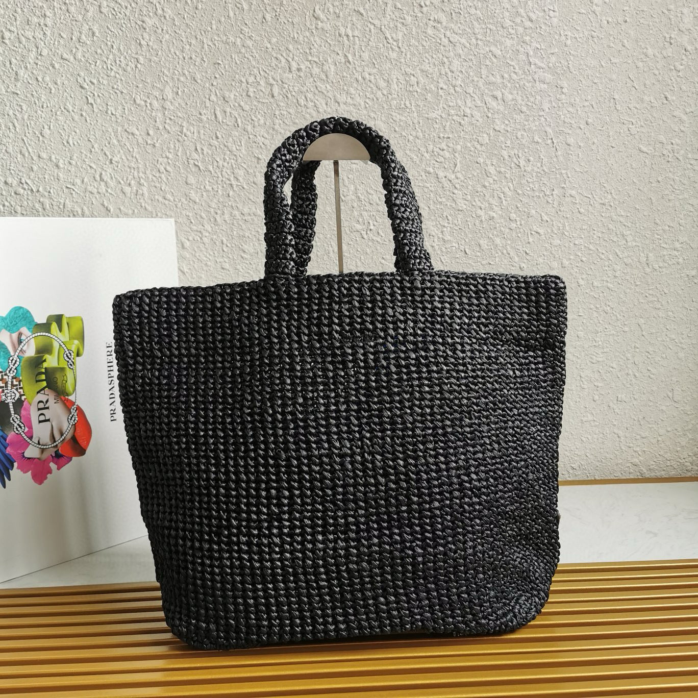 crochet tote bag 40cm black raffia