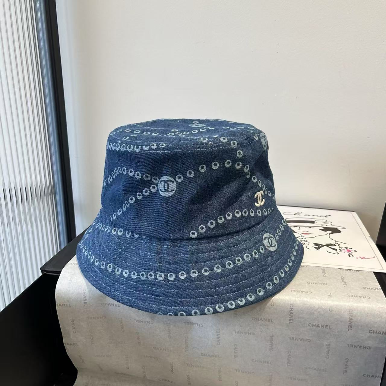 CC Hat Printed Faded Denim Blue and White