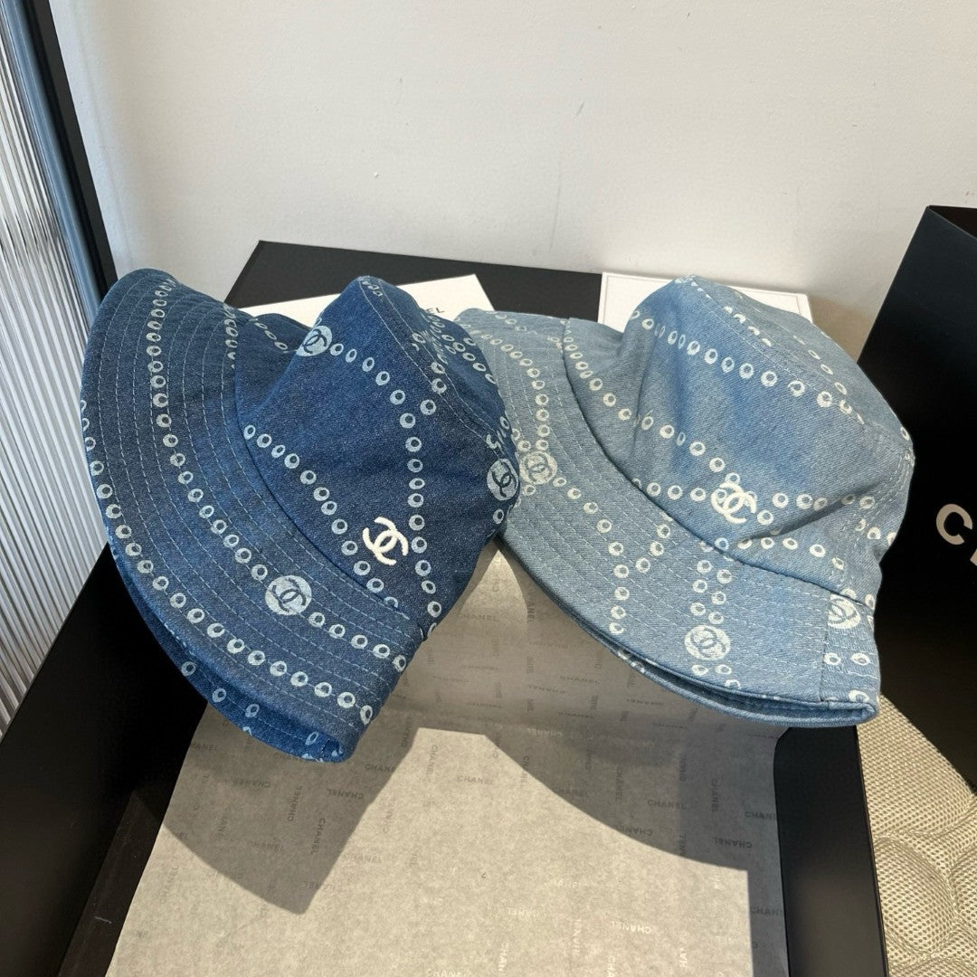 CC Hat Printed Faded Denim Blue and White