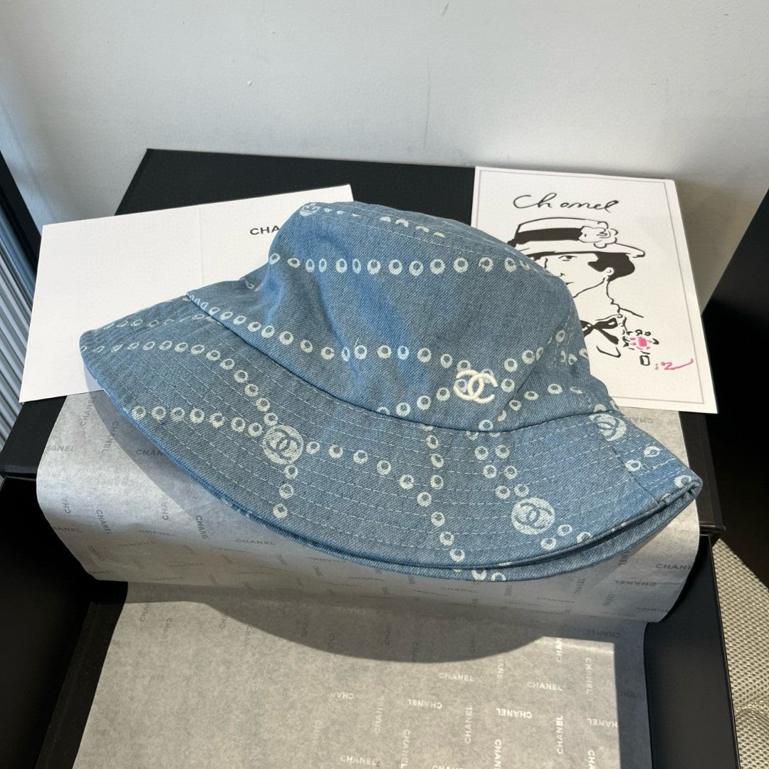 CC Hat Printed Faded Denim Blue and White