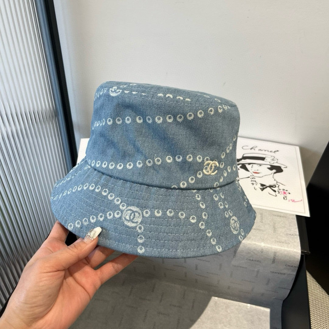 CC Hat Printed Faded Denim Blue and White