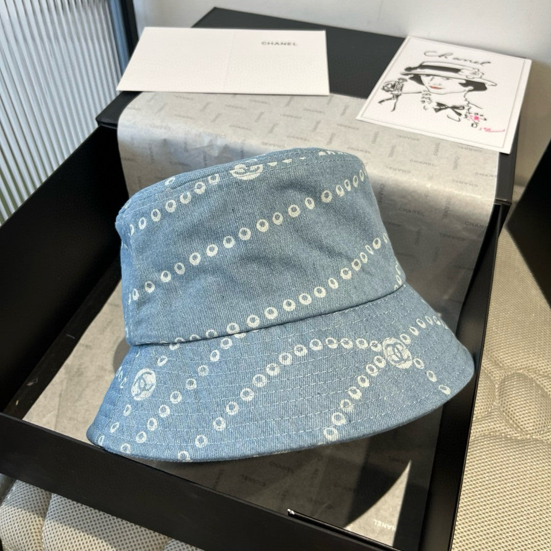 CC Hat Printed Faded Denim Blue and White