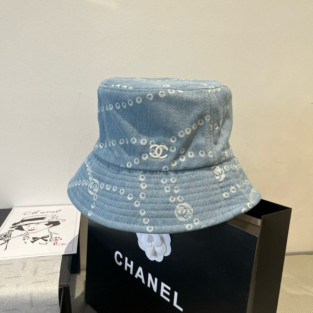 CC Hat Printed Faded Denim Blue and White