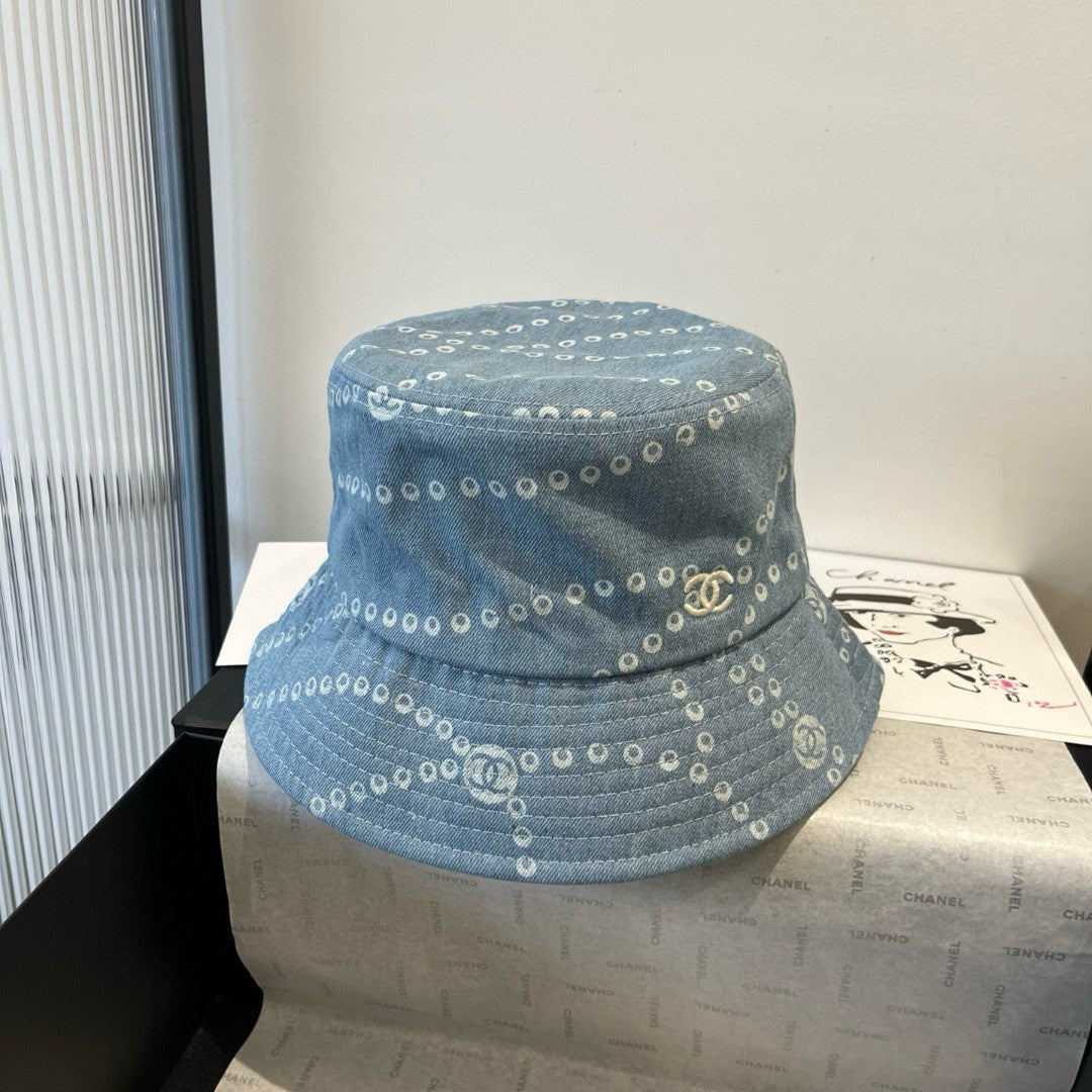 CC Hat Printed Faded Denim Blue and White
