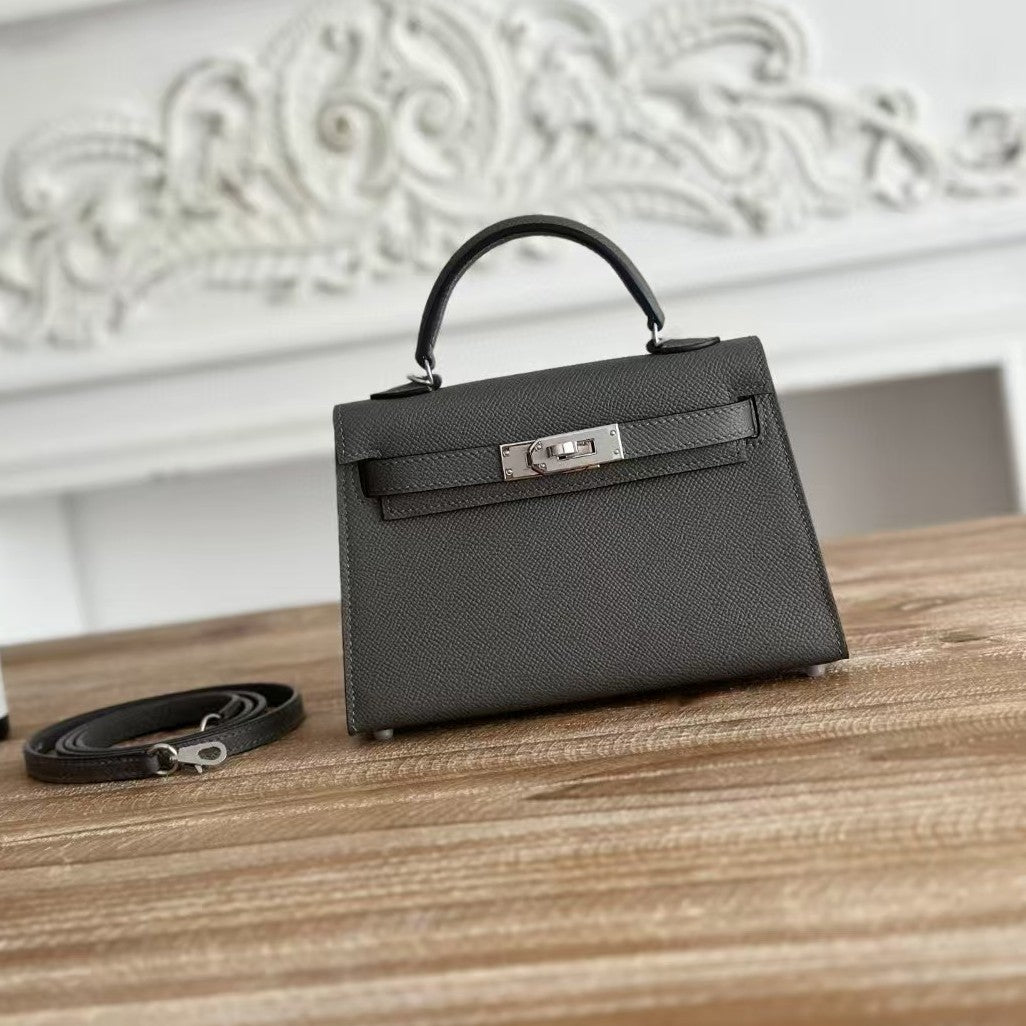 HM Mini Kelly 19cm Charcoal Epsom Silver Hardware