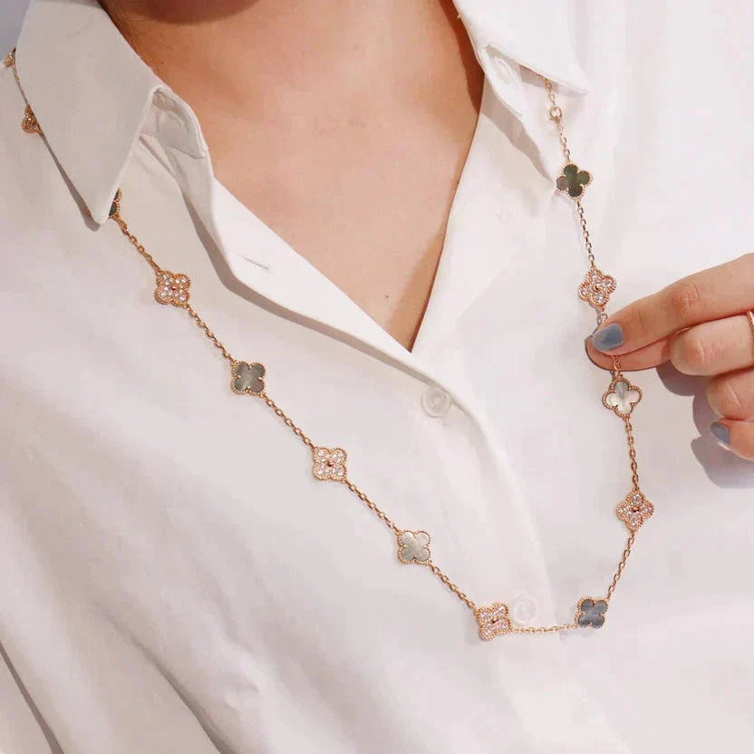 Collier Diana Clover 20 motifs en nacre foncée et diamants