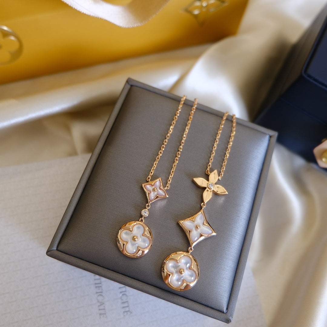 DIANA COLOR BLOSSOM LARIAT NECKLACE PINK GOLD WHITE MOTHER PEARL AND DIAMOND