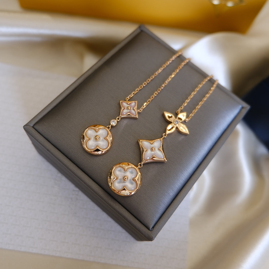 DIANA COLOR BLOSSOM LARIAT NECKLACE PINK GOLD WHITE MOTHER PEARL AND DIAMOND