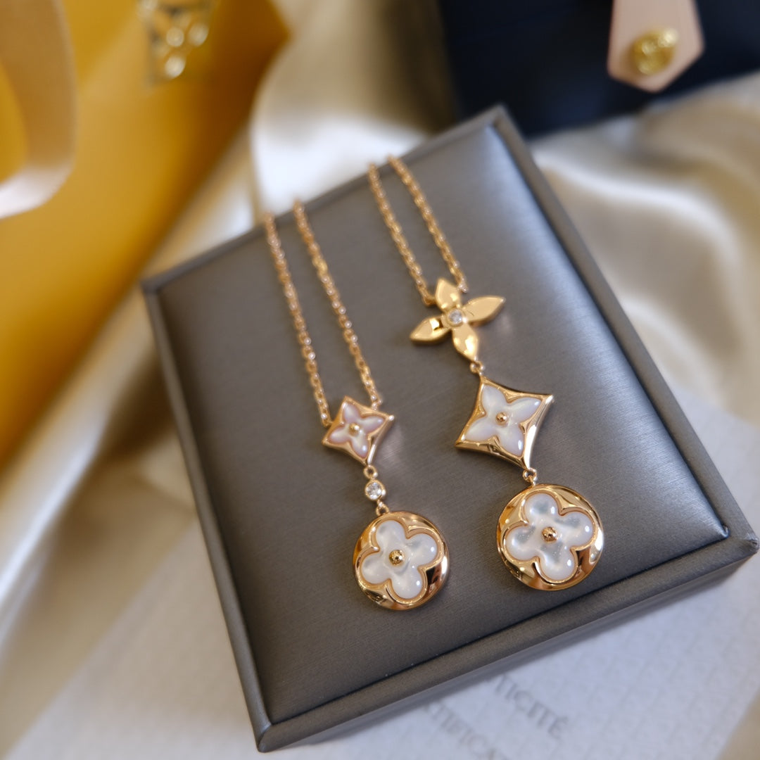 DIANA COLOR BLOSSOM LARIAT NECKLACE PINK GOLD WHITE MOTHER PEARL AND DIAMOND