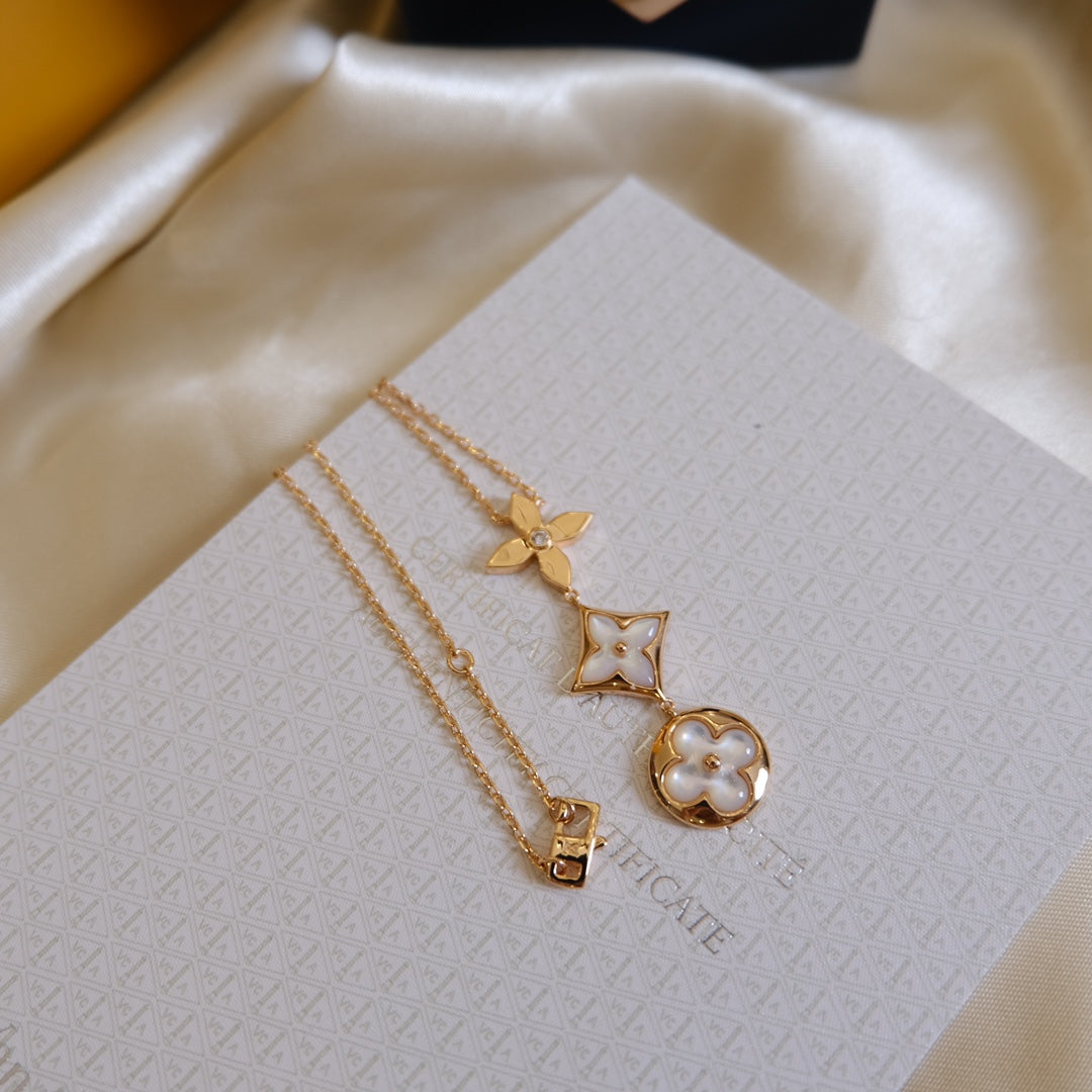 DIANA COLOR BLOSSOM LARIAT NECKLACE PINK GOLD WHITE MOTHER PEARL AND DIAMOND