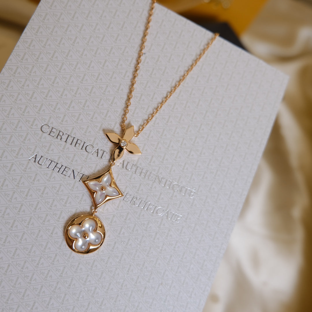 DIANA COLOR BLOSSOM LARIAT NECKLACE PINK GOLD WHITE MOTHER PEARL AND DIAMOND