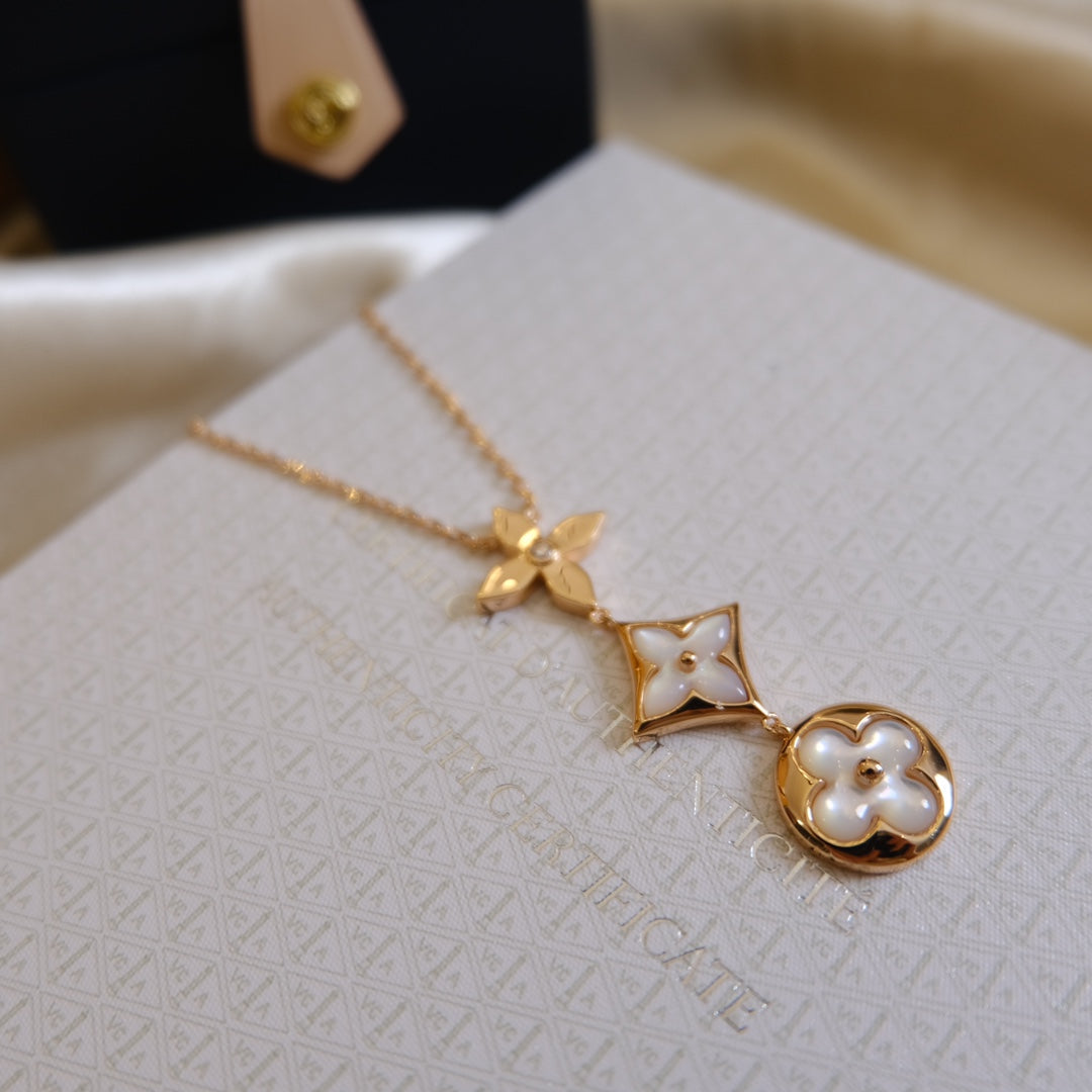 DIANA COLOR BLOSSOM LARIAT NECKLACE PINK GOLD WHITE MOTHER PEARL AND DIAMOND