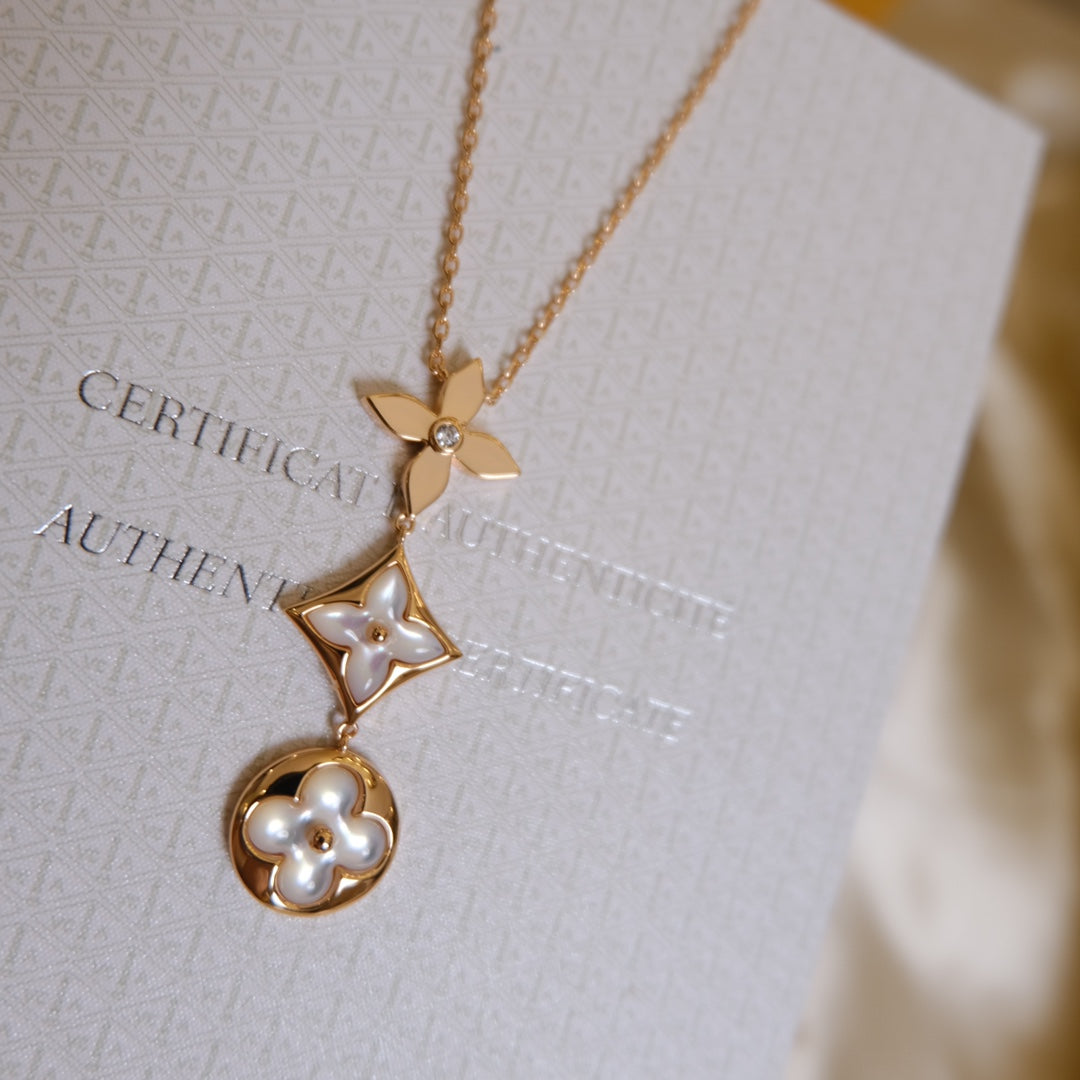 DIANA COLOR BLOSSOM LARIAT NECKLACE PINK GOLD WHITE MOTHER PEARL AND DIAMOND