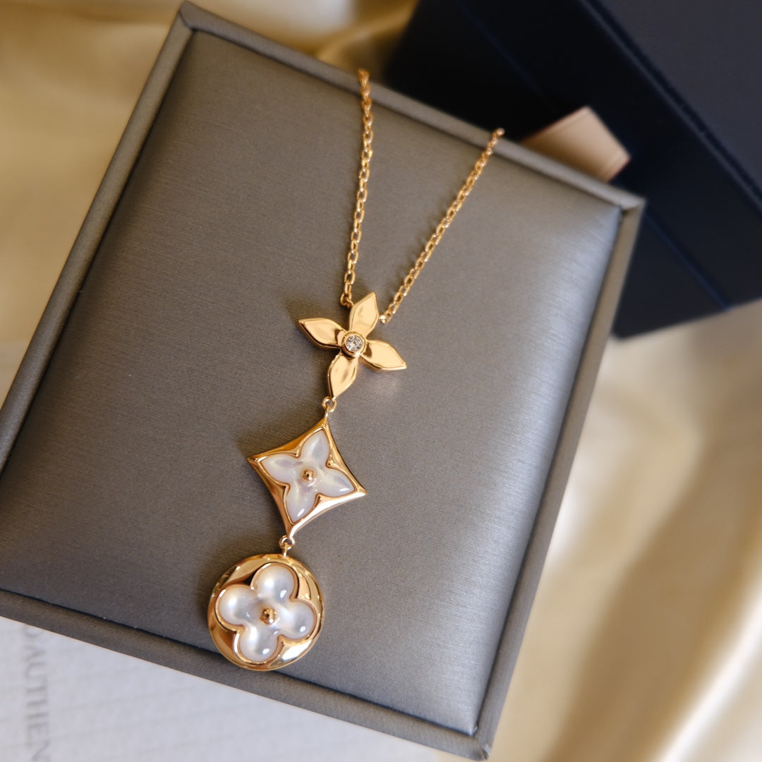 DIANA COLOR BLOSSOM LARIAT NECKLACE PINK GOLD WHITE MOTHER PEARL AND DIAMOND
