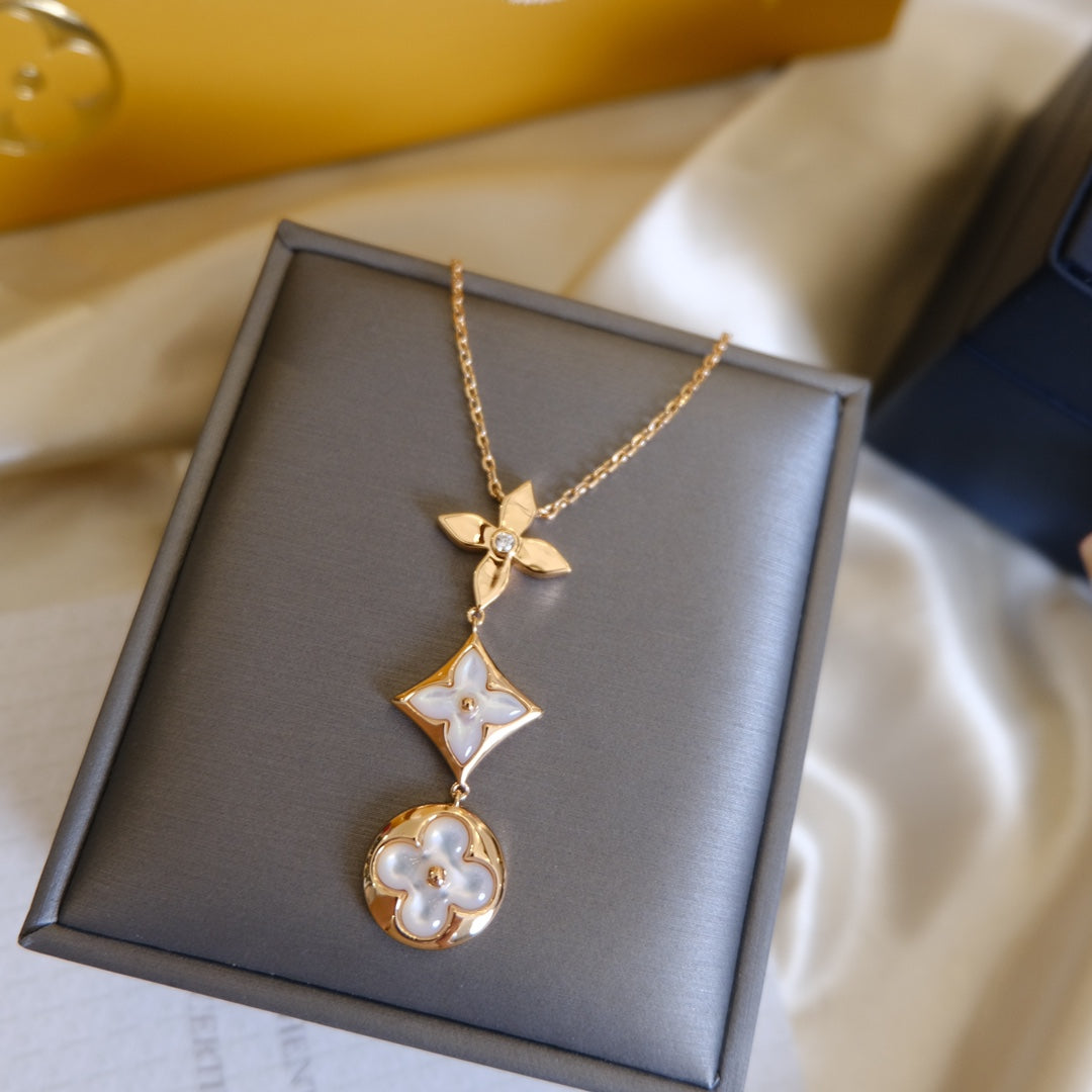 DIANA COLOR BLOSSOM LARIAT NECKLACE PINK GOLD WHITE MOTHER PEARL AND DIAMOND