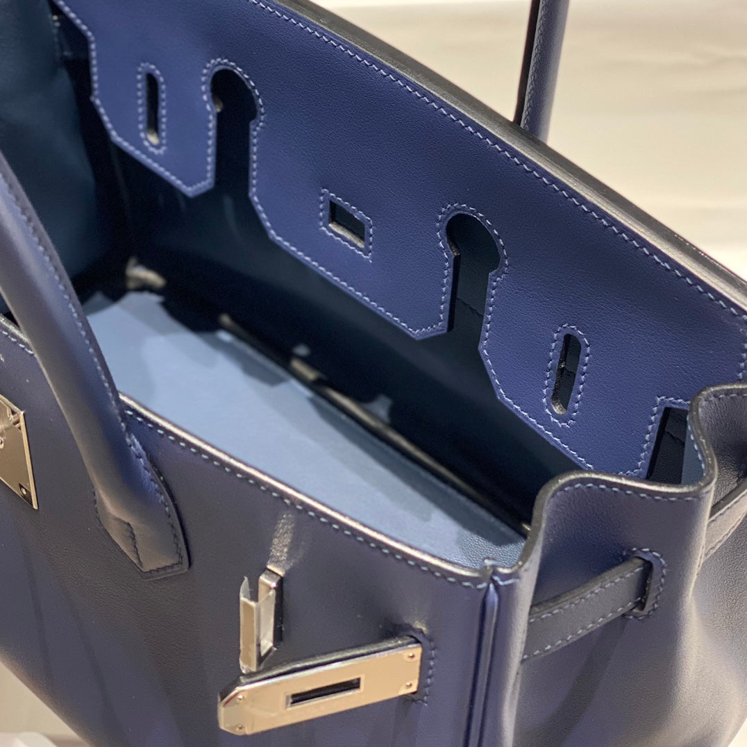 HM Shoulder Birkin 29 Navy Blue Brown Leather 222344