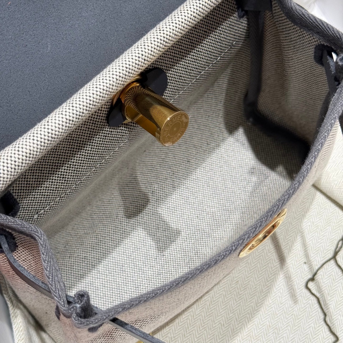 HM Mini Herbag Gold Buckle 20 Beige Grey Canvas and Hunter Cowhide 243285
