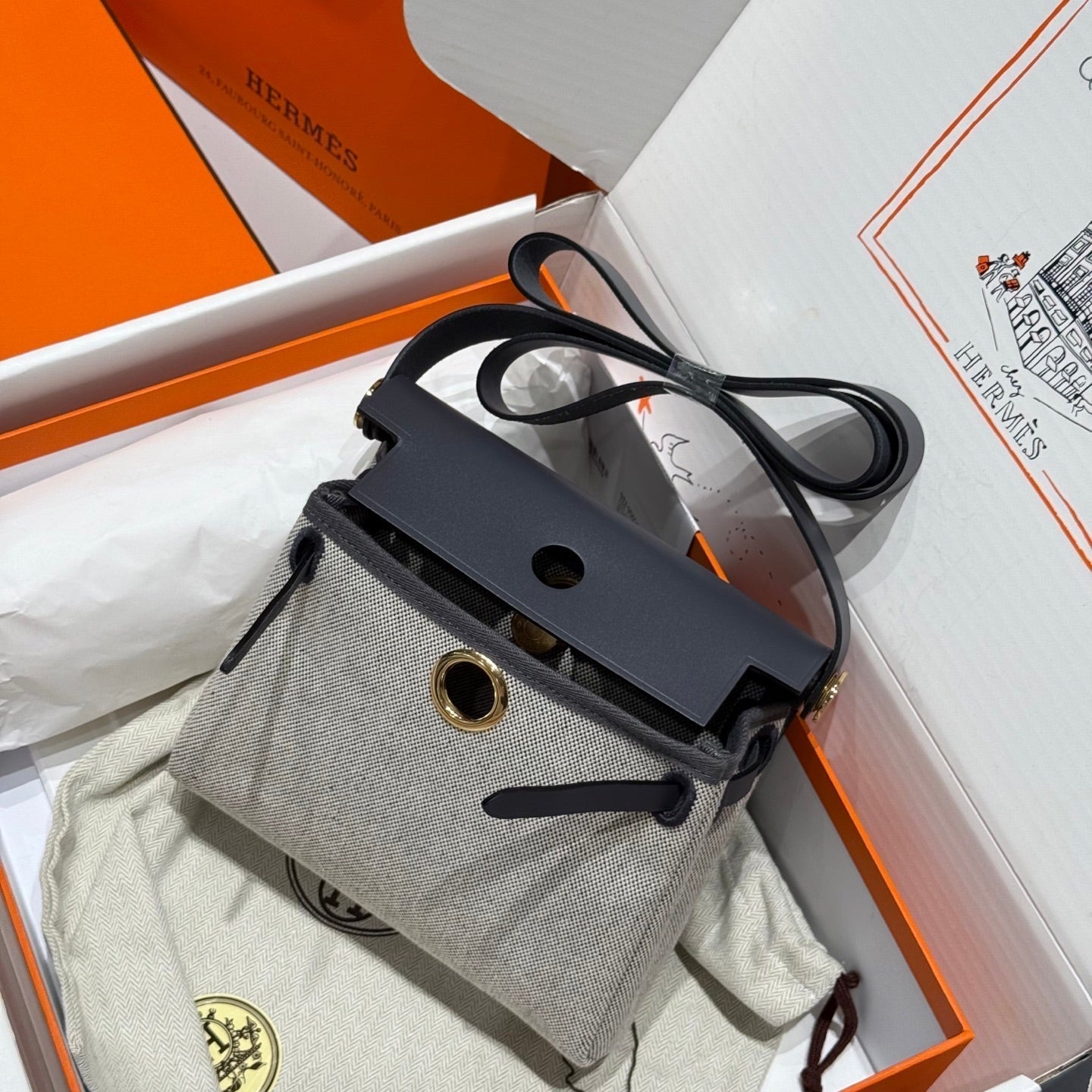 HM Mini Herbag Gold Buckle 20 Beige Grey Canvas and Hunter Cowhide 243285
