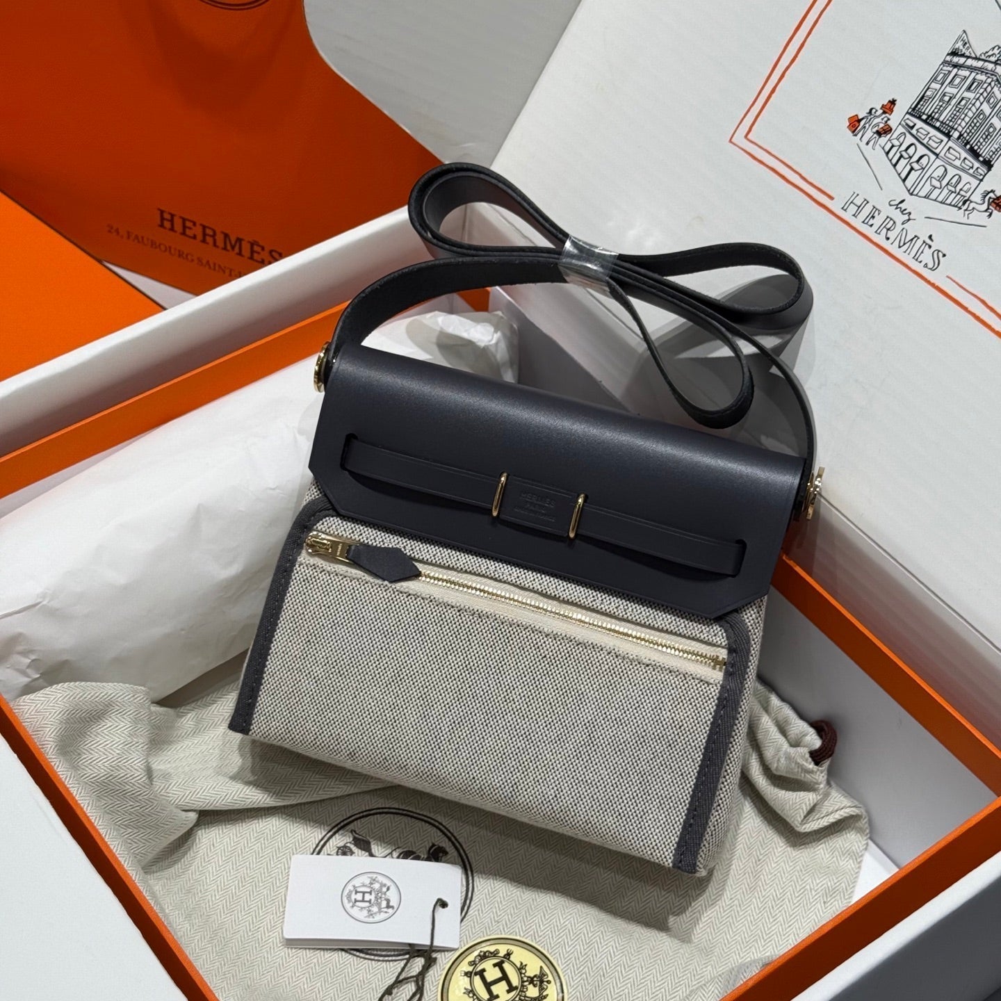 HM Mini Herbag Gold Buckle 20 Beige Grey Canvas and Hunter Cowhide 243285