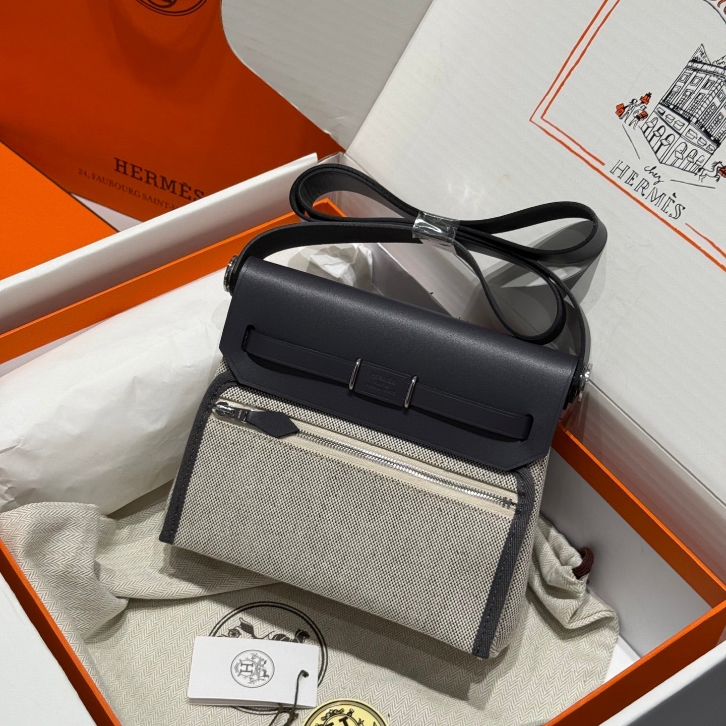 HM Mini Herbag Silver Buckle 20 Beige Grey Canvas and Hunter Cowhide 243290