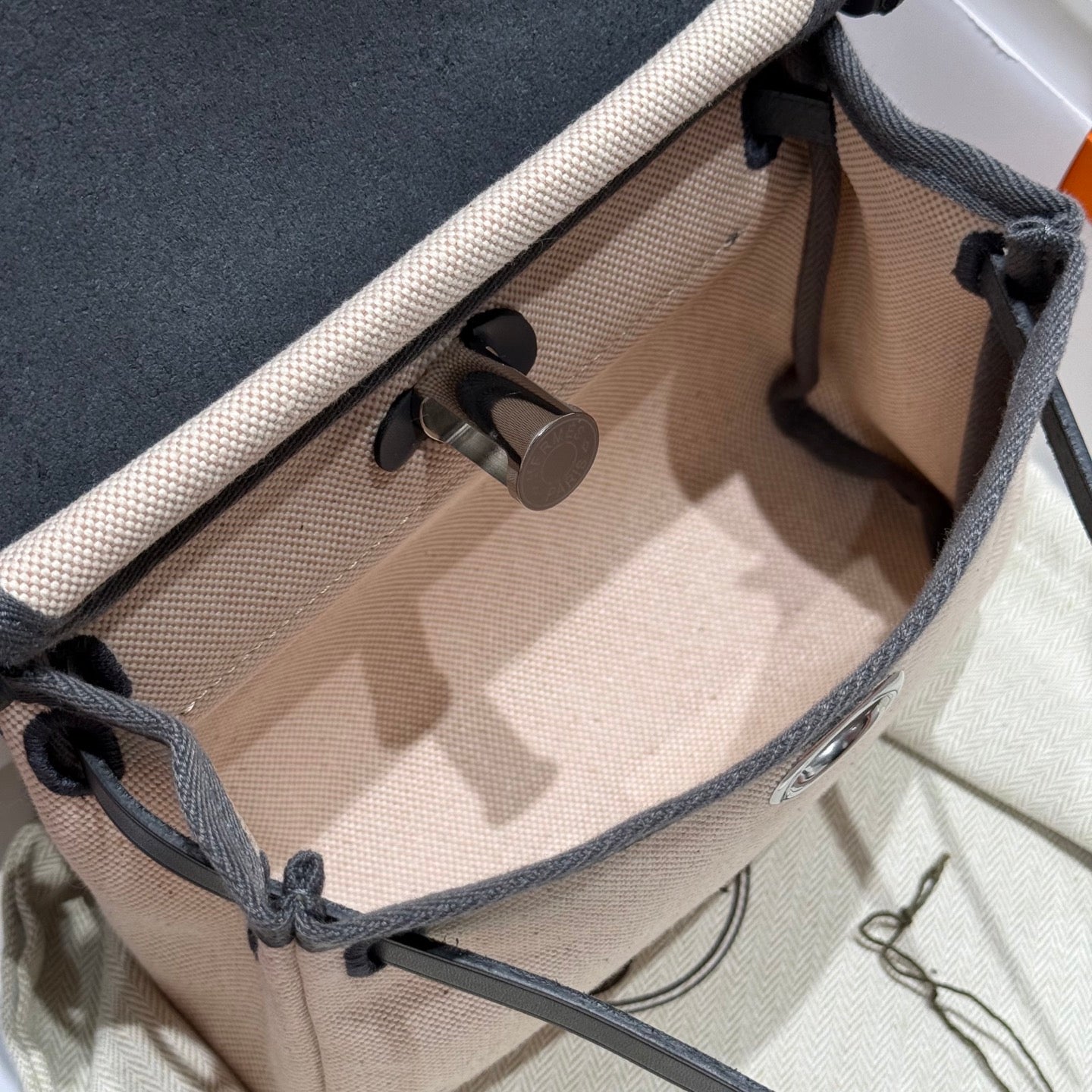 HM Mini Herbag Silver Buckle 20 Cream Canvas and Hunter Cowhide 243280
