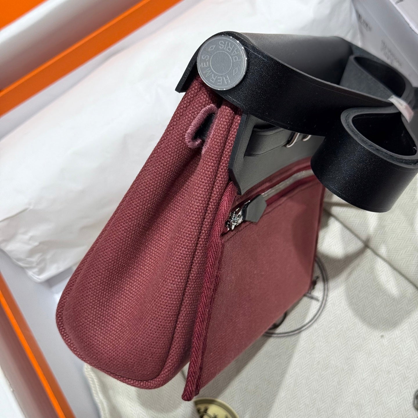 HM Mini Herbag Silver Buckle 20 Burgundy Canvas and Hunter Cowhide 243370