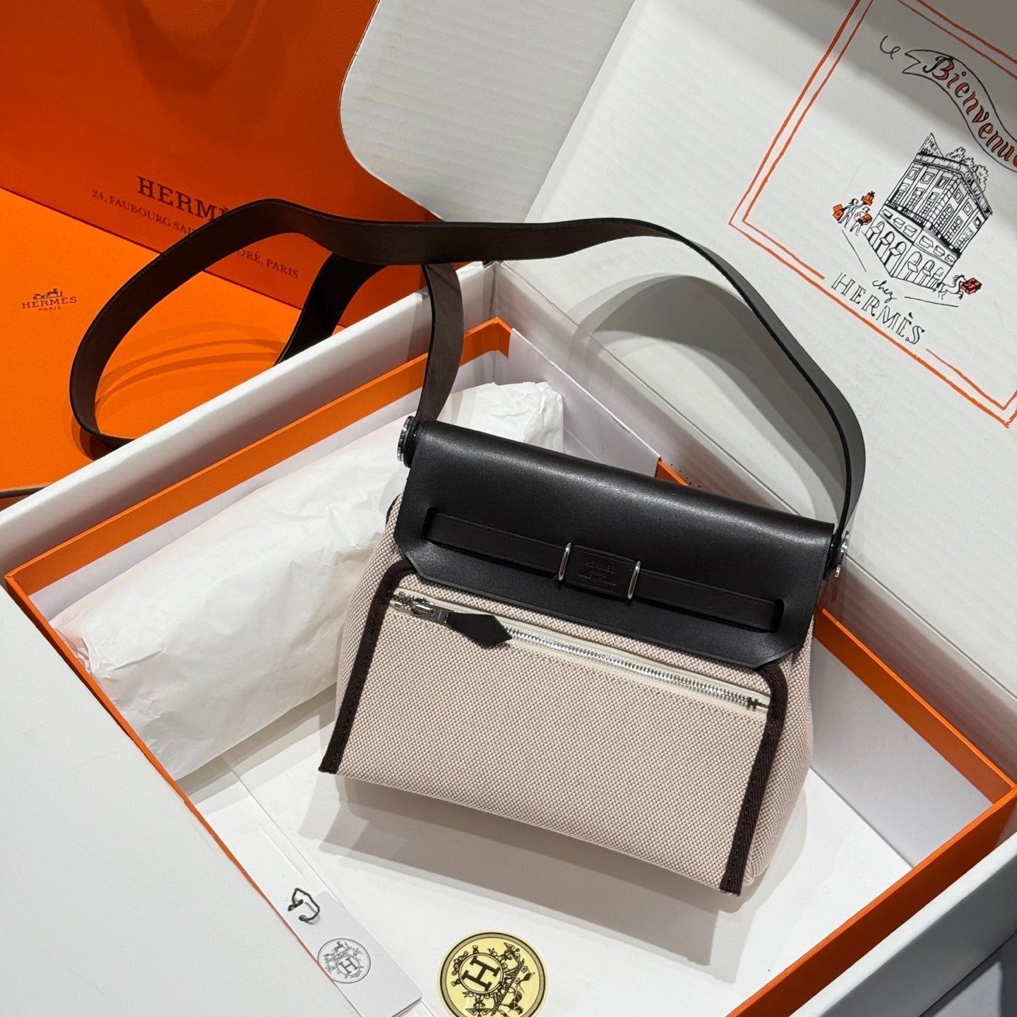 HM Mini Herbag Silver Buckle 20 Beige Canvas and Hunter Cowhide 243241