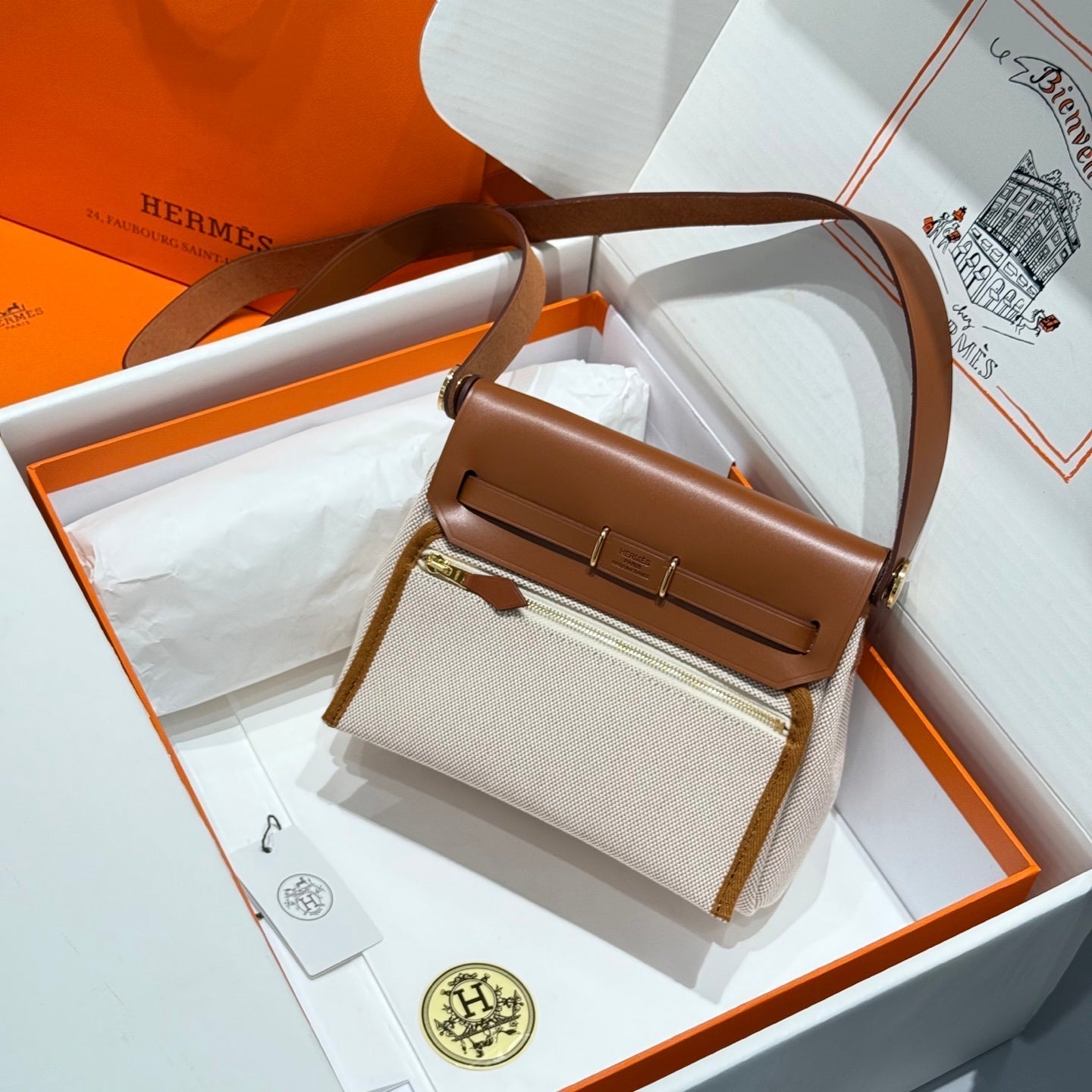 HM Mini Herbag Gold Buckle 20 Beige Canvas and Hunter Cowhide 243221