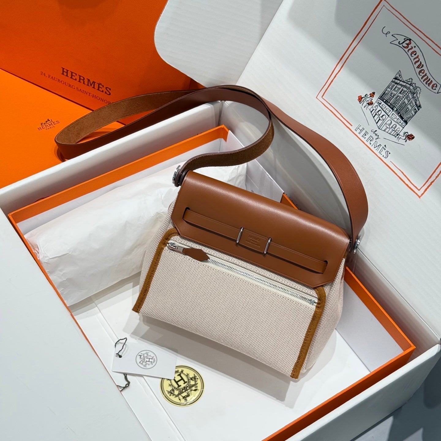 HM Mini Herbag Silver Buckle 20 Beige Canvas and Hunter Cowhide 243216