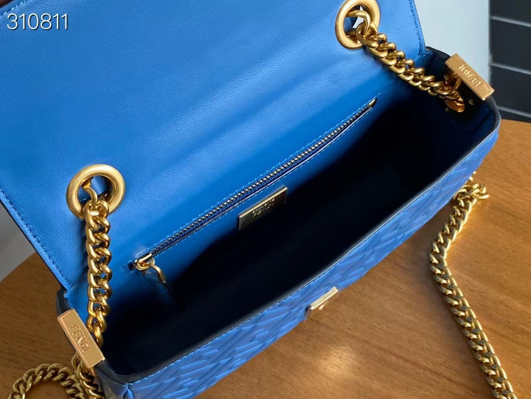 Fend Baguette 24 Bag With FF Motif Blue Leather Ghw