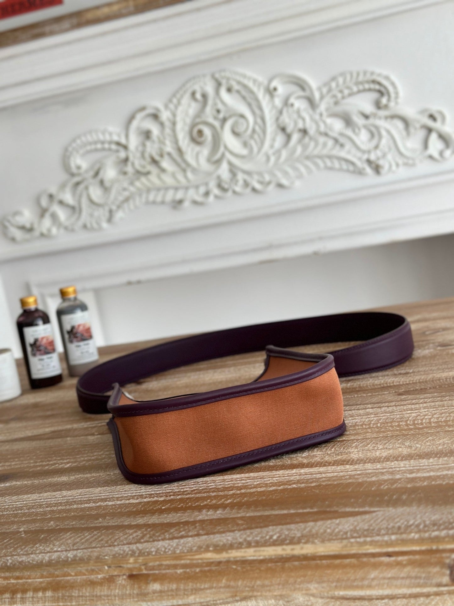 MINI NEO 17 EVELYNE BAG IN BRONZE BROWN CANVAS AND PLUM PURPLE CALFSKIN