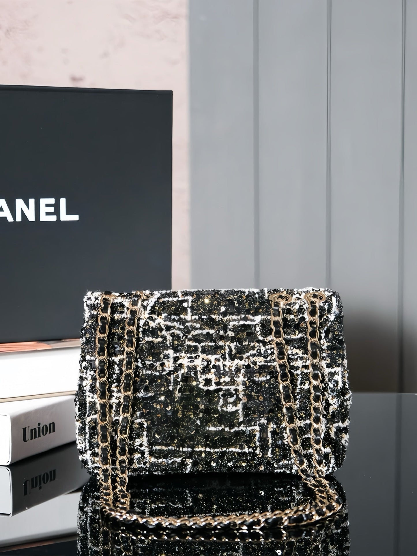 24S Flap Bag 20cm Black White Sequin Calfskin