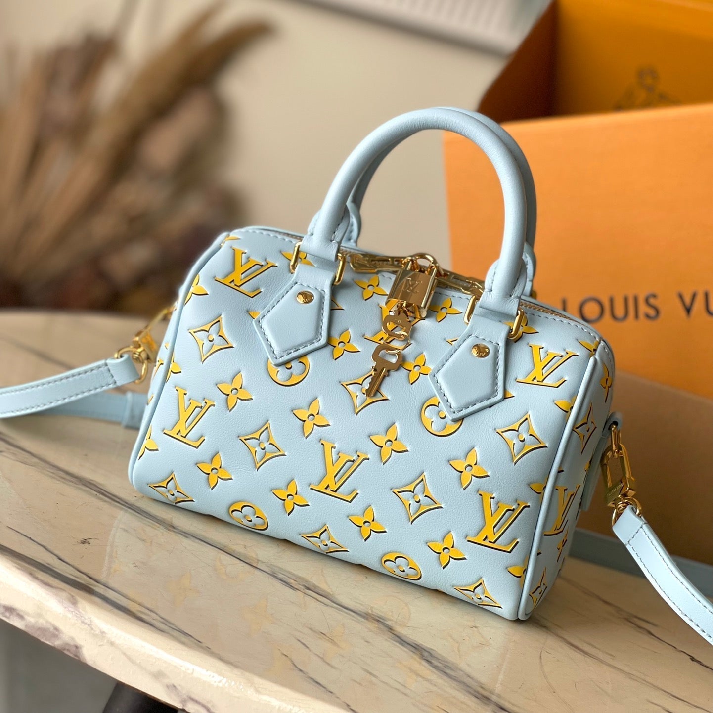 SPEEDY BANDOULI¨¨RE 20 IN SKY YELLOW MONOGRAM CALFSKIN GOLD BUCKLE