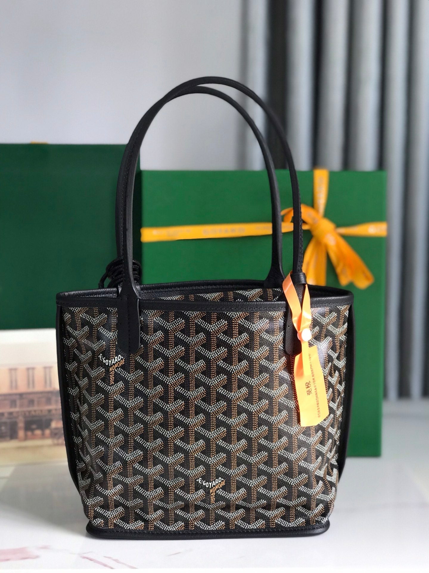 ANJOU MINI BAG 20 IN BLACK CALFSKIN AND GOYARDINE CANVAS
