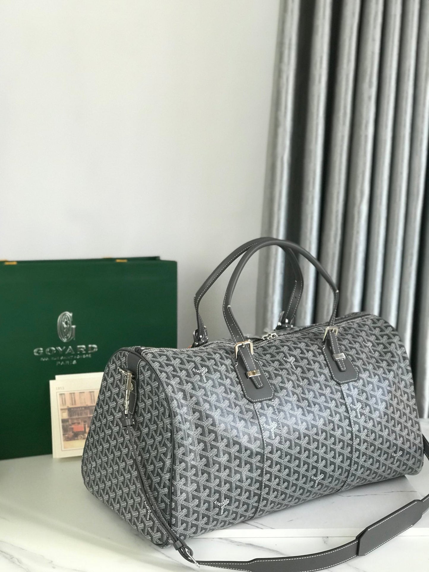 BOSTON 50 BAG IN GRAY GOYARDINE CANVAS AND CALFSKIN TRIM