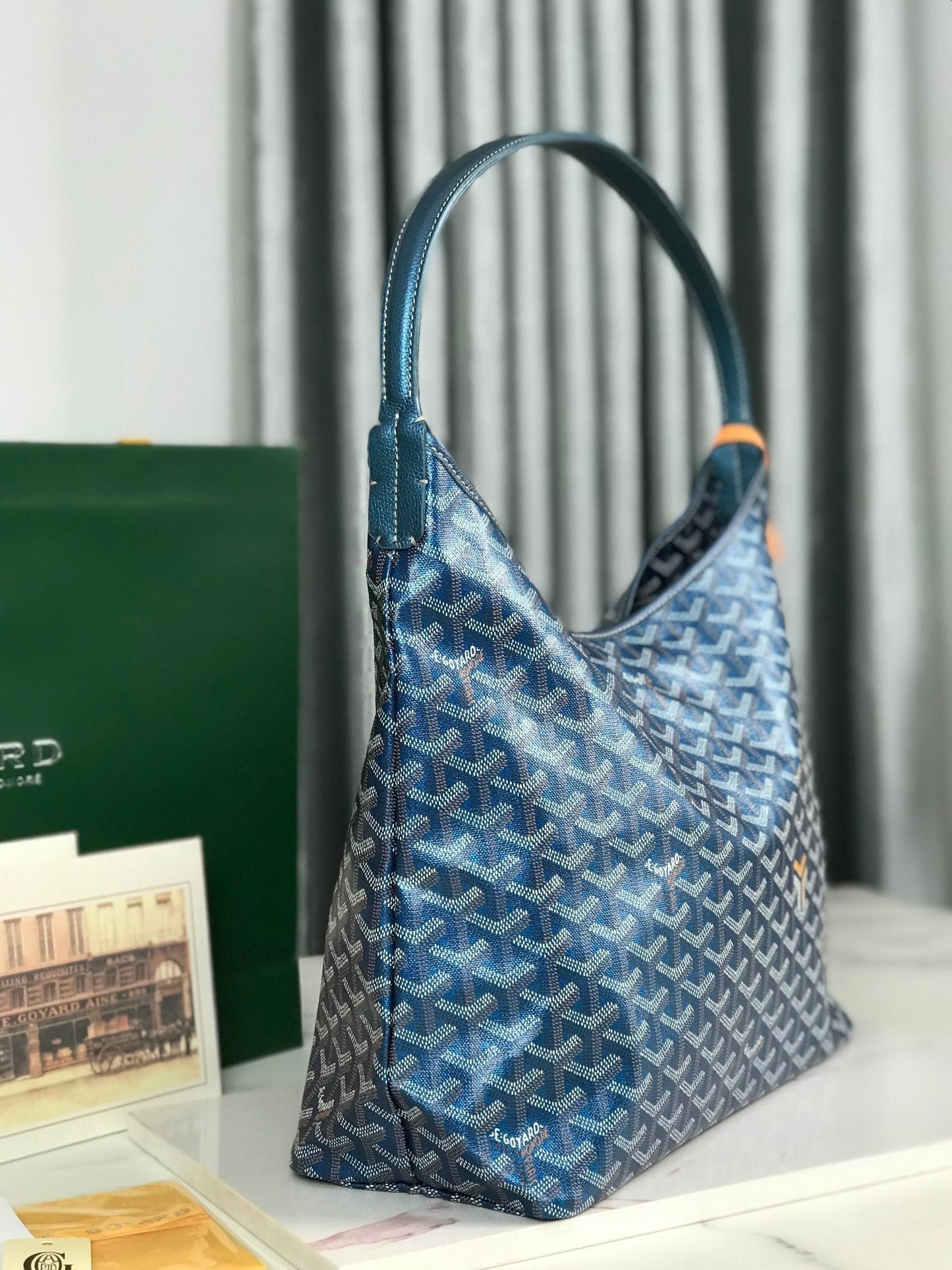 Boh¨¨me Hobo Bag 42cm Deep Blue Canvas Chevroches Calfskin
