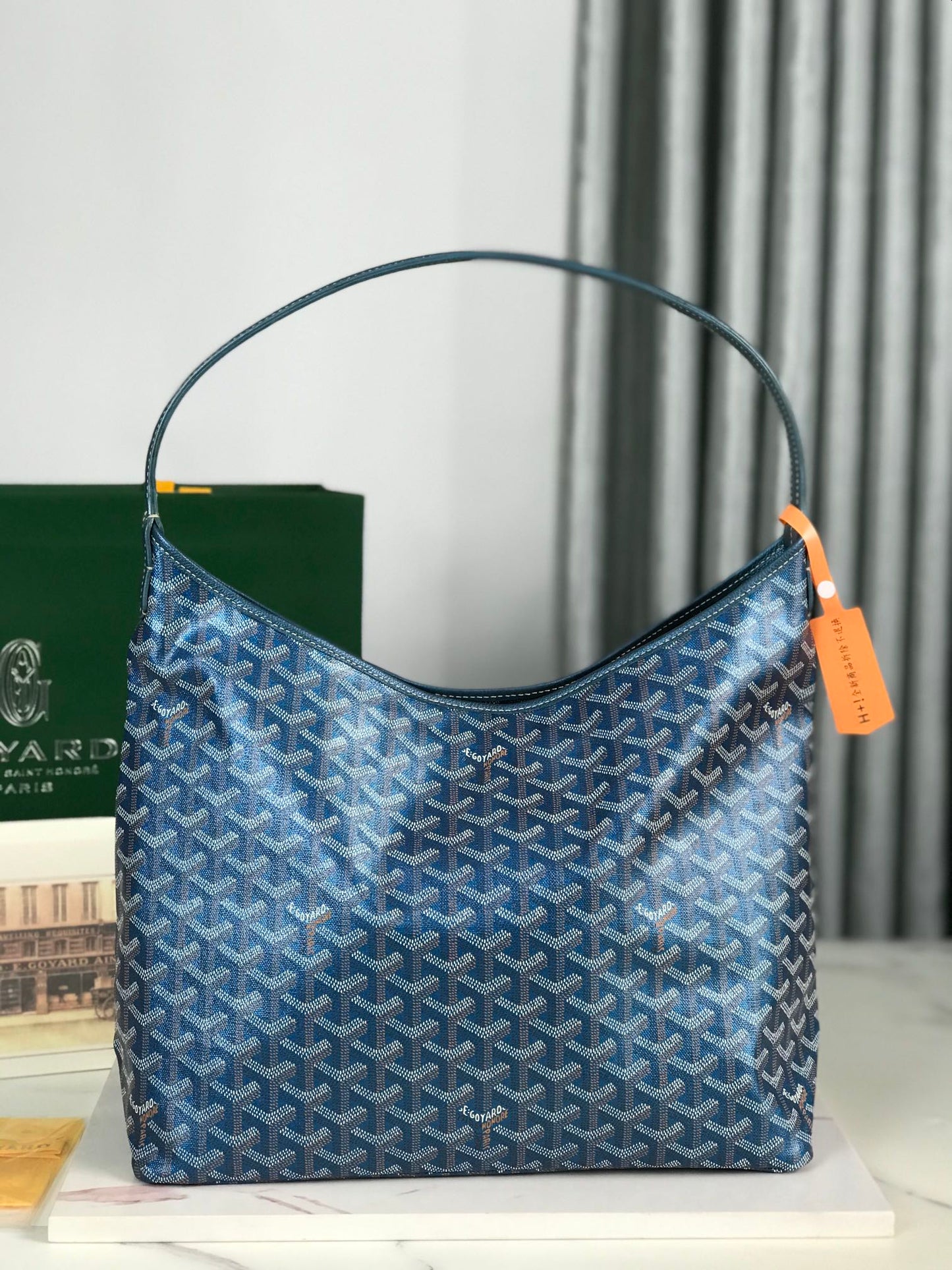 Boh¨¨me Hobo Bag 42cm Deep Blue Canvas Chevroches Calfskin