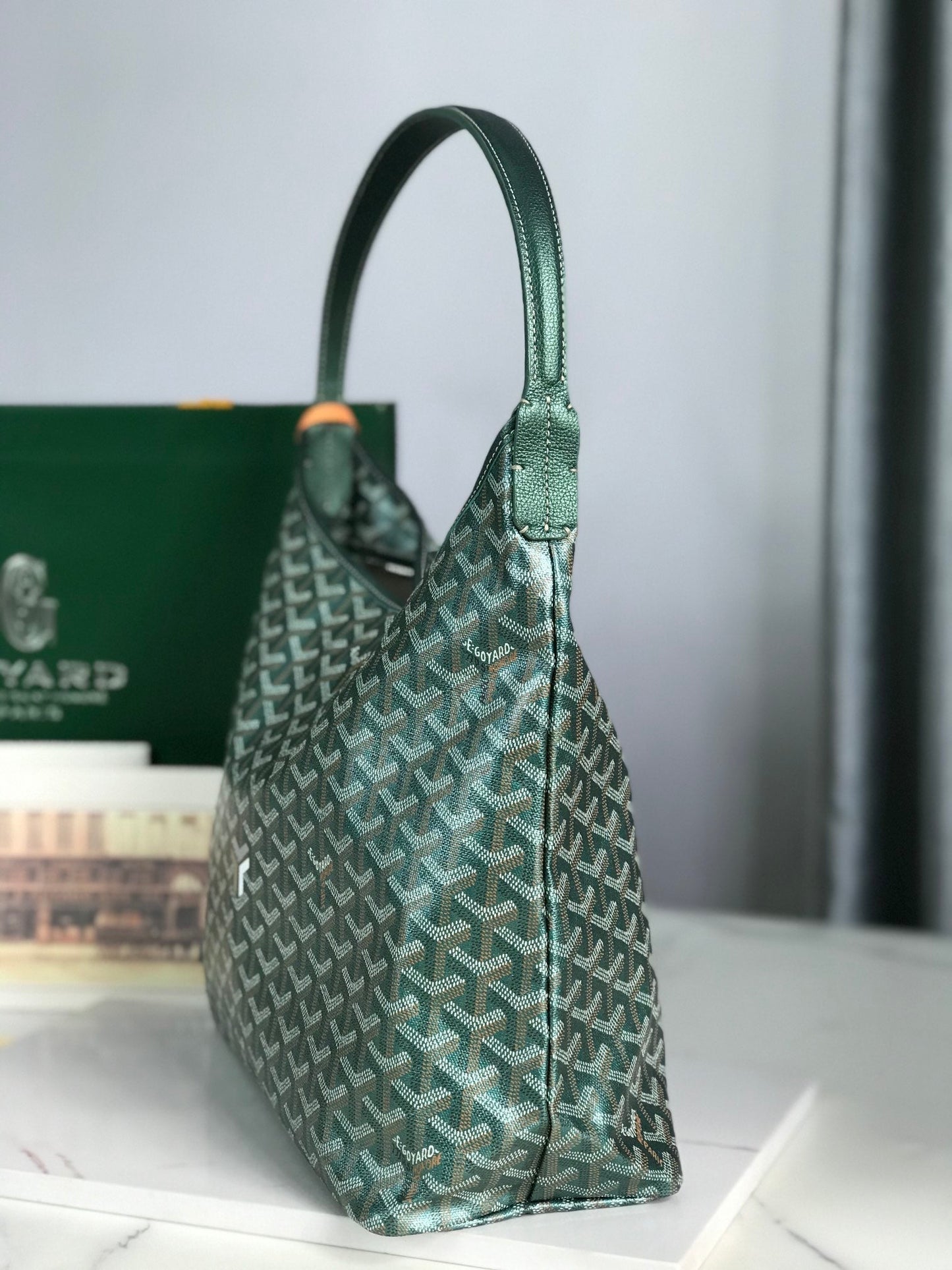 Boh¨¨me Hobo Bag 42cm Green Canvas Chevroches Calfskin