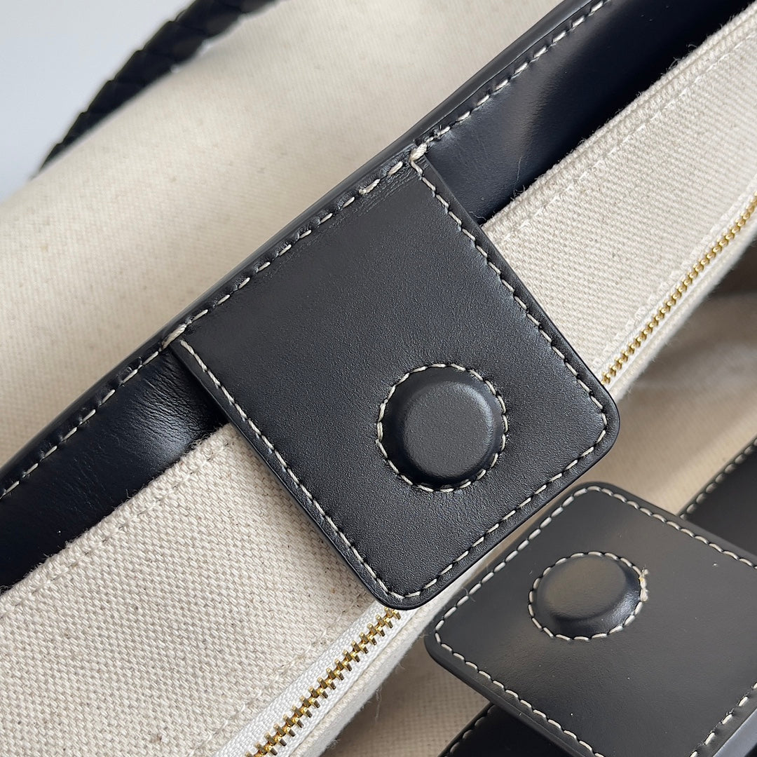 BV Medium Andiamo 32 In Beige Canvas Black Calfskin 209020