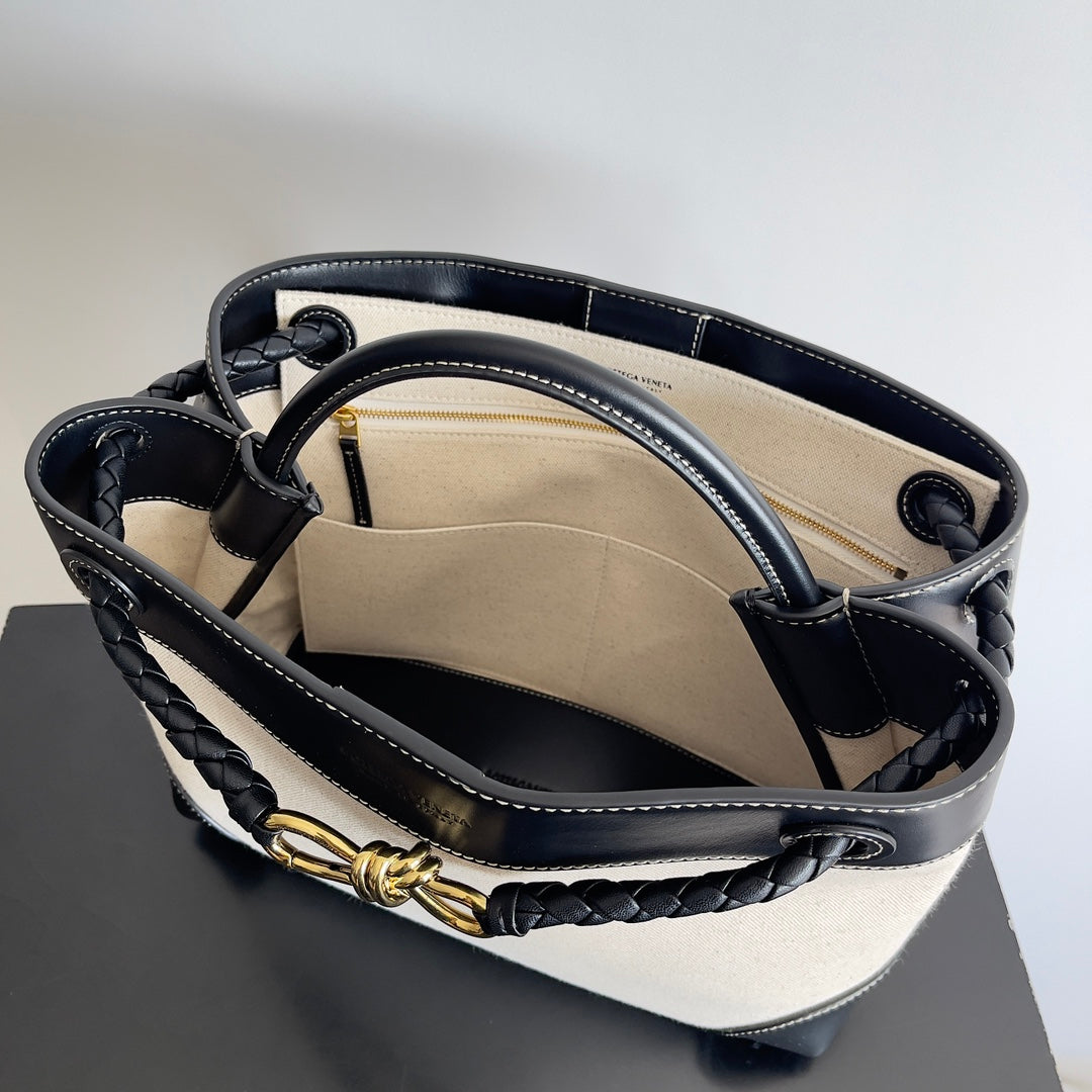 BV Medium Andiamo 32 In Beige Canvas Black Calfskin 209020