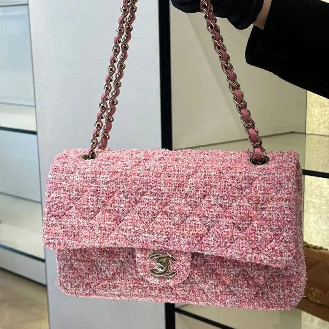flap bag medium 25 pink tweed silver hardware