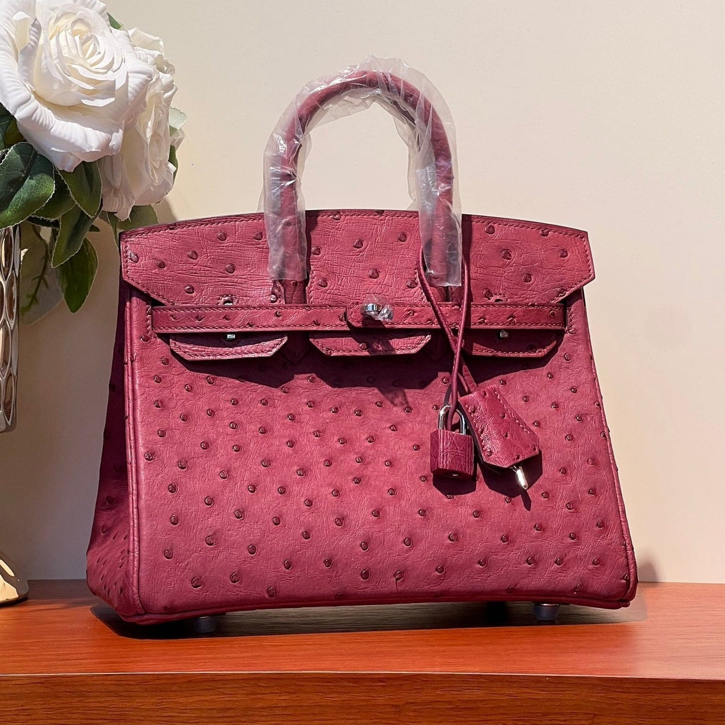 KELLY SELLIER 25 BAG IN CURRANT RED OSTRICH LEATHER WITH SILVER HARDWARE (MADE - TO - ODER)