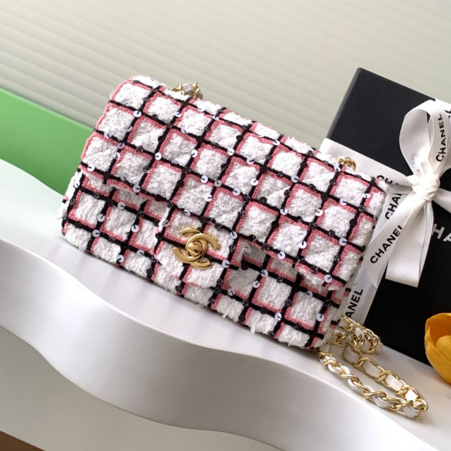 CC 25C Pink White Black Tweed Gold Hardware