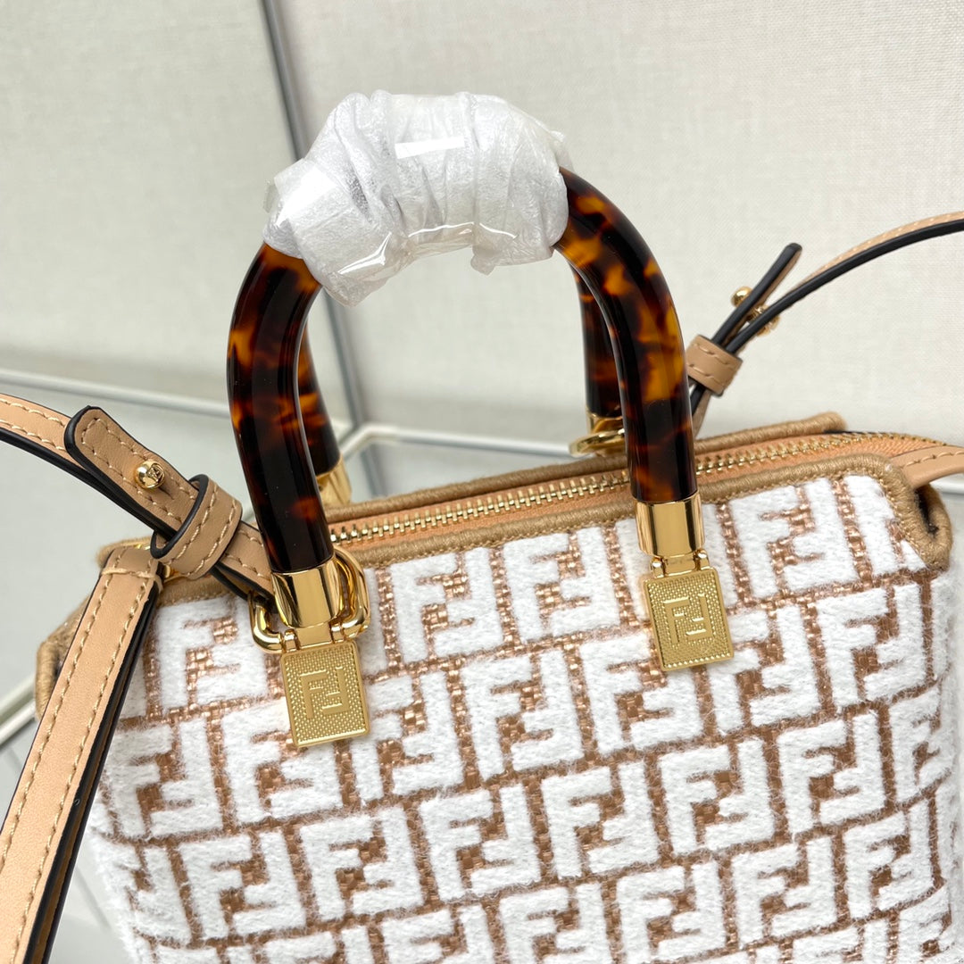 BY THE WAY MINI 18 IN WHITE WOOL AND CAMEL BROWN RAFFIA CALFSKIN TRIM